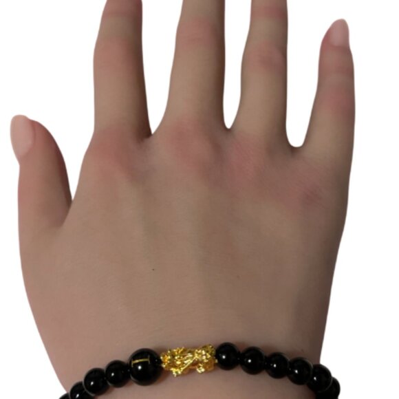18K Gold Pixiu Piyao Bracelet Gemstones Onyx 6mm Elastic Bracelet Letter I - Picture 6 of 6